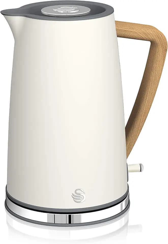 Swan Nordic Ultra Schneller elektrischer Wasserkocher, kabellos, modernes Design, 1,7 l, 2200 W, Griff in Holzoptik, automatische Abschaltung, Weiß