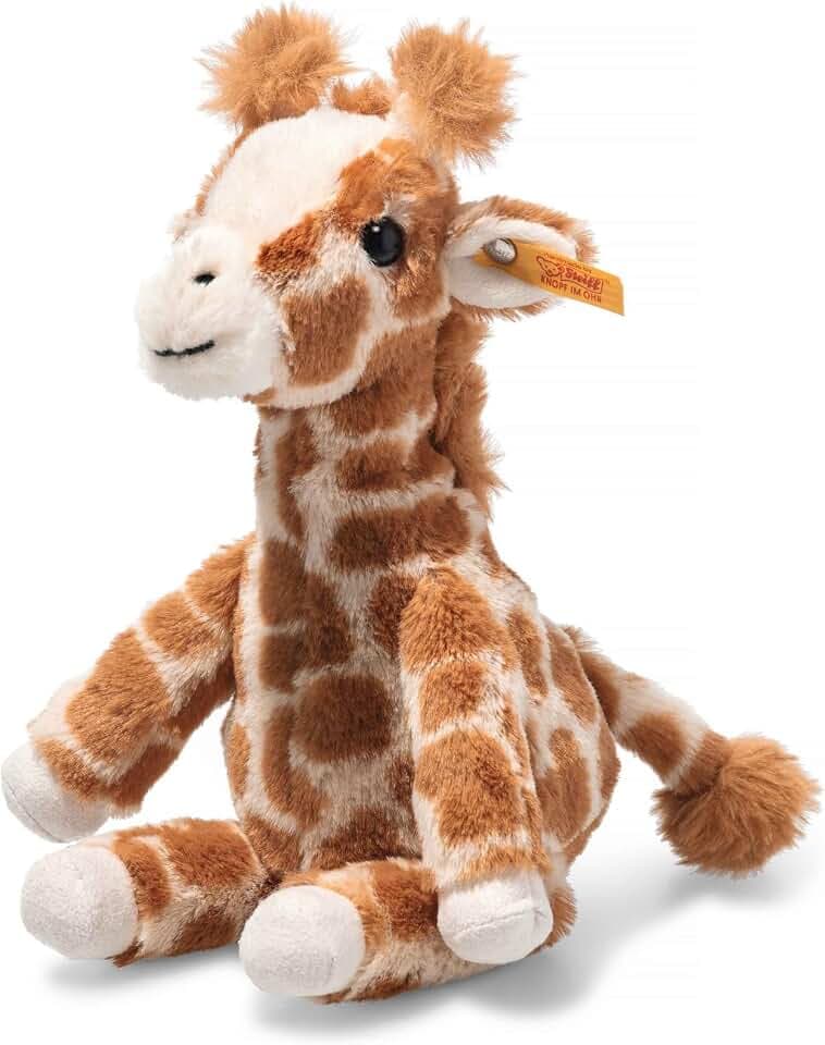 Steiff Gina Giraffe Hellbraun gefleckt 23 cm, Soft Cuddly Friends, aufrecht sitzend durch Granulatsäckchen, Kuscheltier Giraffe, Zootier Plüschtier, Flauschiges Safari-Tier