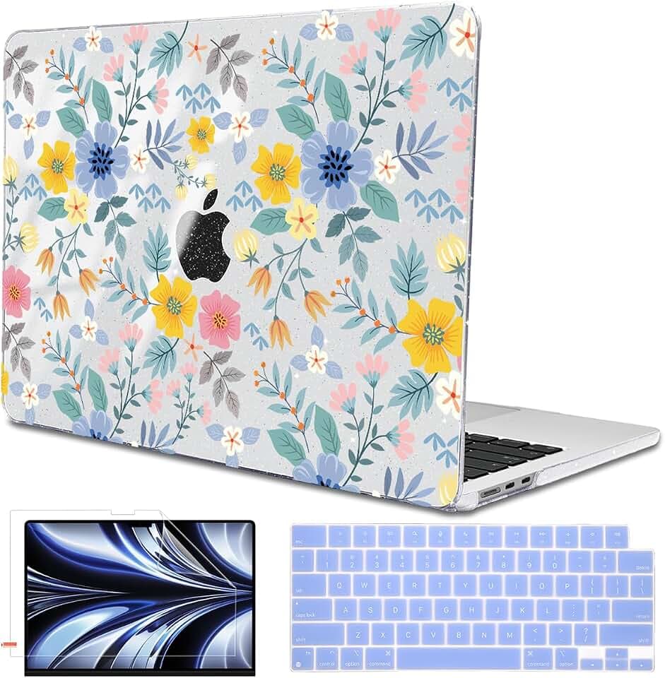 Compatible with MacBook Air 13 inch Case M5 2026 2025-2022 M4 M3 M2 Chip Model A3449 A3240 A3113 A2681, for Mac Air 13.6 inch M5 Plastic Hard Shell&Keyboard Cover&Screen Film, Flowers L213