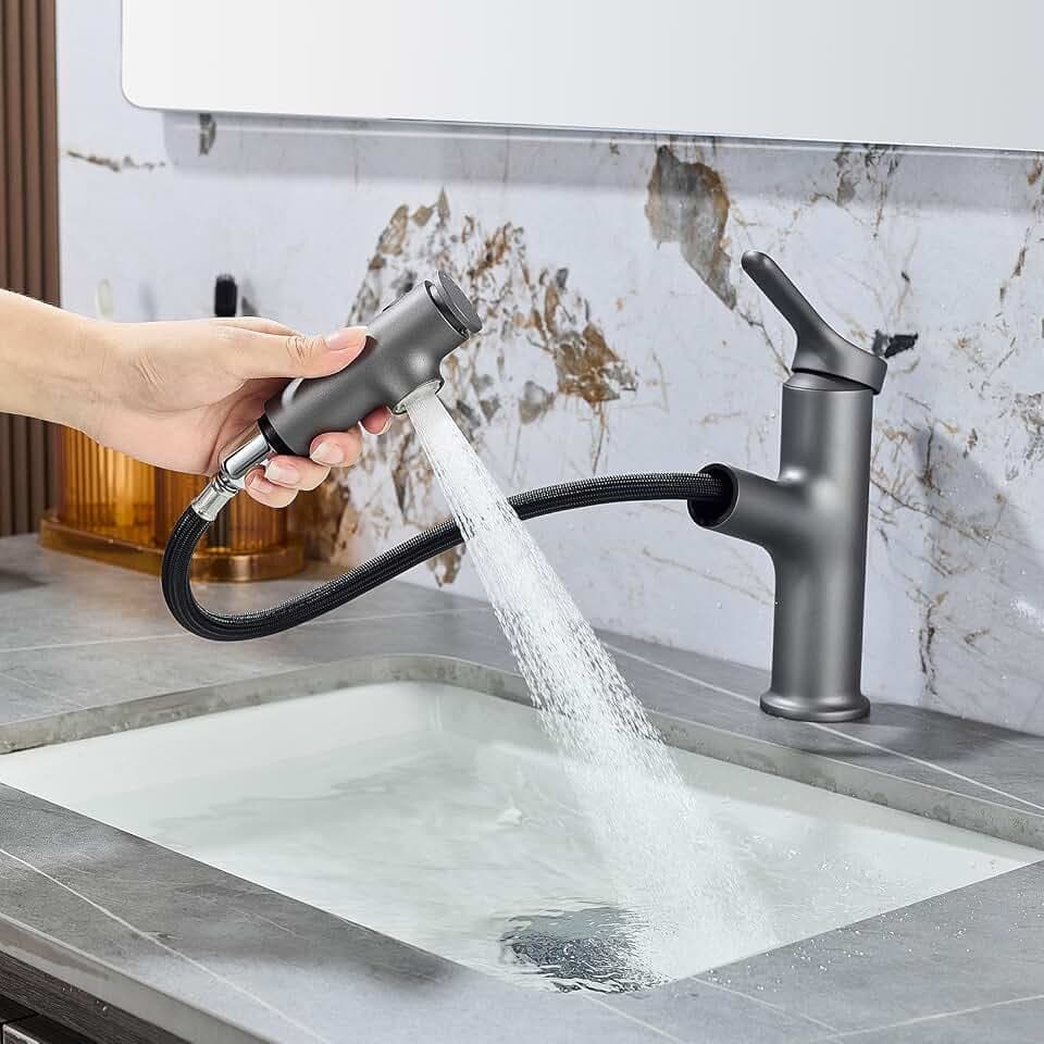Waschtischarmatur Silbergrau Ausziehbar Wasserhahn Bad mit 3 Brause