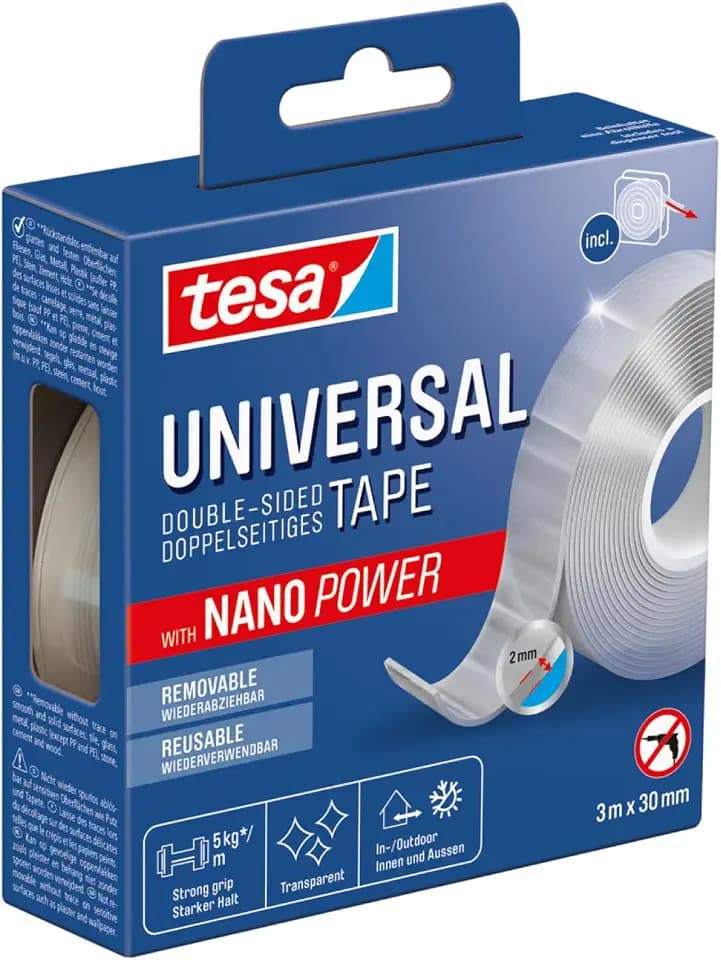 tesa Universal Nano Tape - transparentes, doppelseitiges Klebeband - leicht wiederablösbar und wiederverwendbar - wetterfest, für In- und Outdoor - 1 Rolle - 3 m x 30 mm
