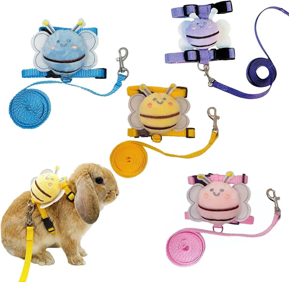4 Sets Leash Set Small Pet Cute Vest Harness Leash and Adjustable Bunny Rabbit Harness with Decoration for Bunny Ferret Small Pets(Bees)
