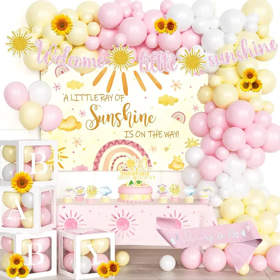 Hombae Sunshine Baby Shower Decorations Girl, A Little Ray of Sunshine Baby Shower Decorations Backdrop Balloon Garland Banner Tablecloth Cake Cupcake Topper Box Cutout Sash Sun Boho