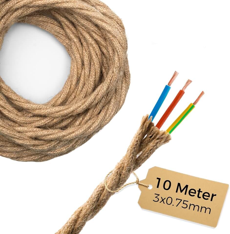 DiCUNO Textilkabel, Leinenoptik 10M, 3-adrig, Vintage, DIY, 1er Pack