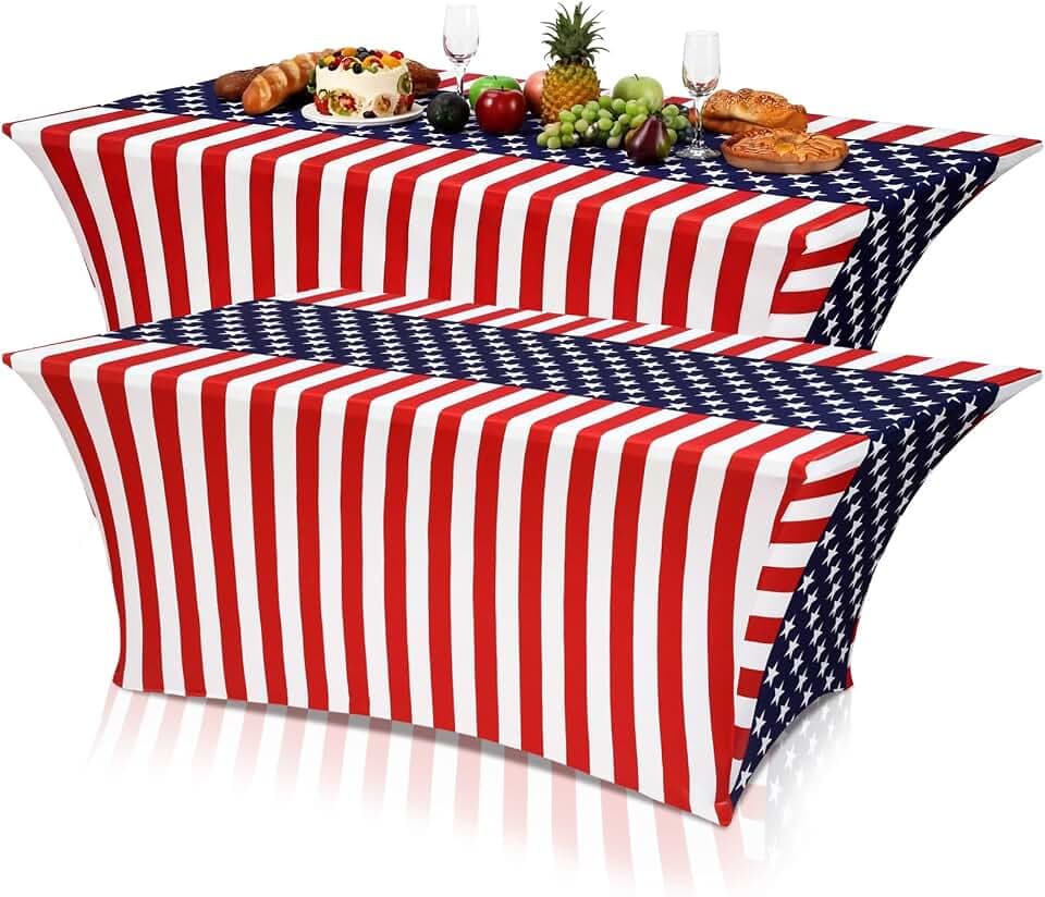 Oudain 2 Pcs Memorial Day Stretch Table Cover 6 ft Patriotic Tablecloth