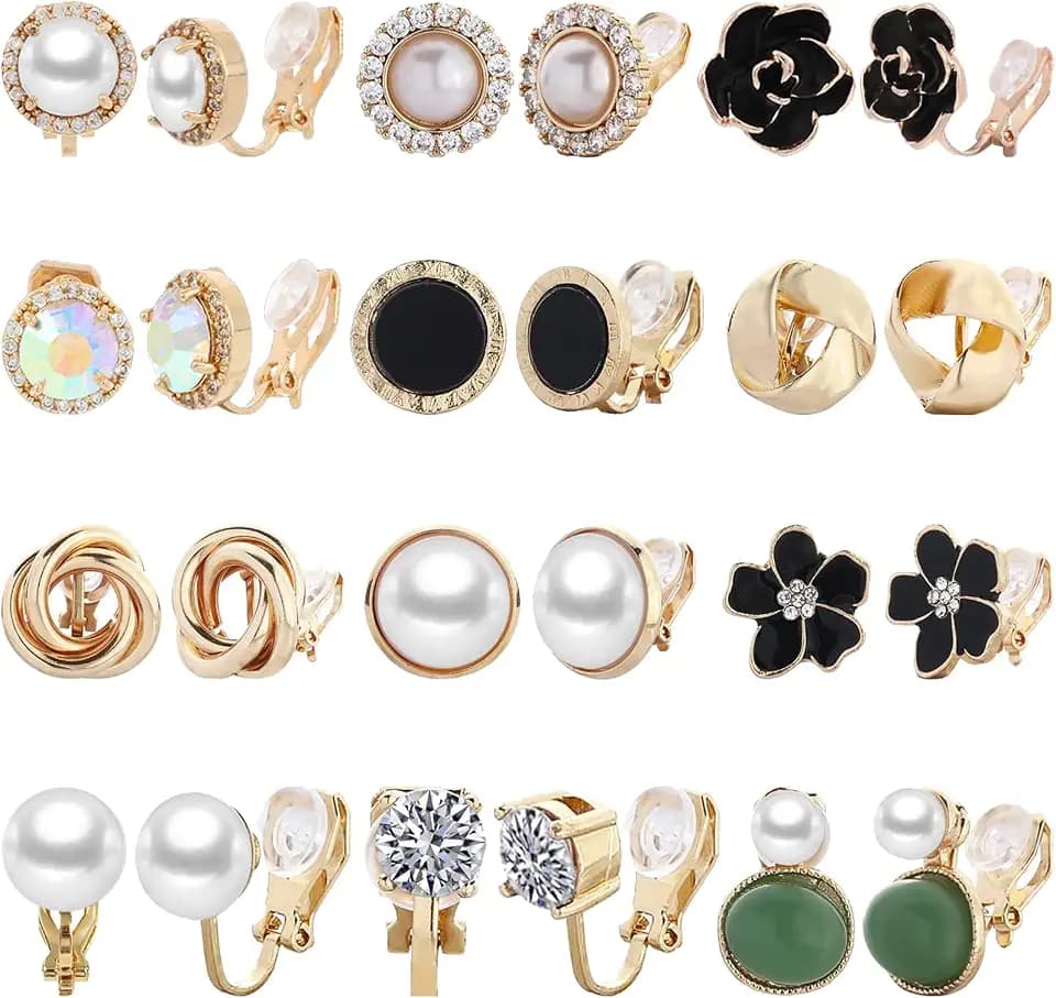 NEWITIN 12 Pairs Clip On Earrings for Women Non-Piercing Stud Earring Set