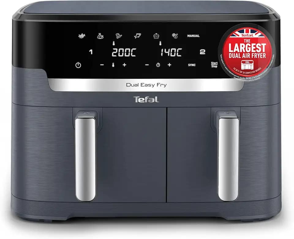 Tefal XXL Luftfritteuse, 11 Liter, Doppelschublade, ölfrei, extra knusprig, Braten, Backen, Aufwärmen, Dörren, 7 voreingestellte Programme, spülmaschinenfest, 8+ Portionen, grau