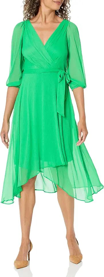 DKNY Women's Half Balloon Sleeve Faux Wrap Midi Dress