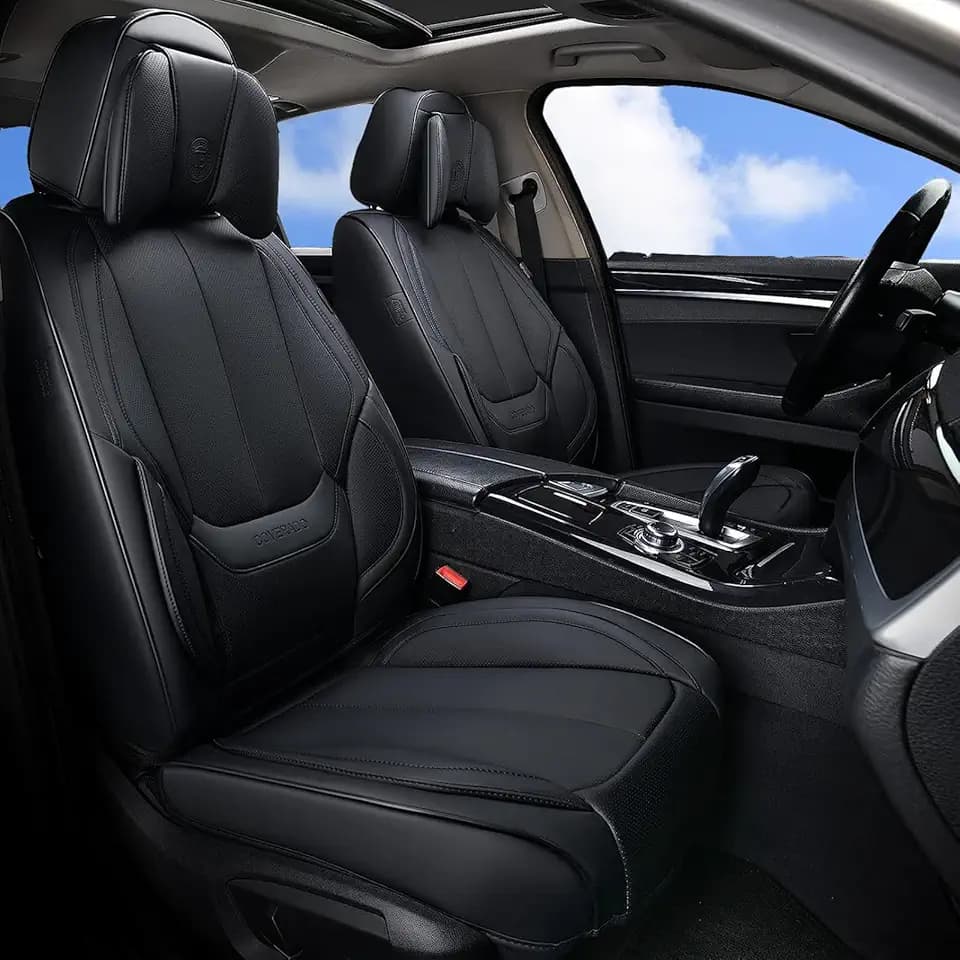 Coverado Car Seat Covers 5 Pieces, Full Set Universal Seat Covers for Cars, Waterproof Nappa Leather Auto Seat Protectors with Head Pillow, Car Interiors Fit for Most Sedans SUV Pick-up Truck, Black