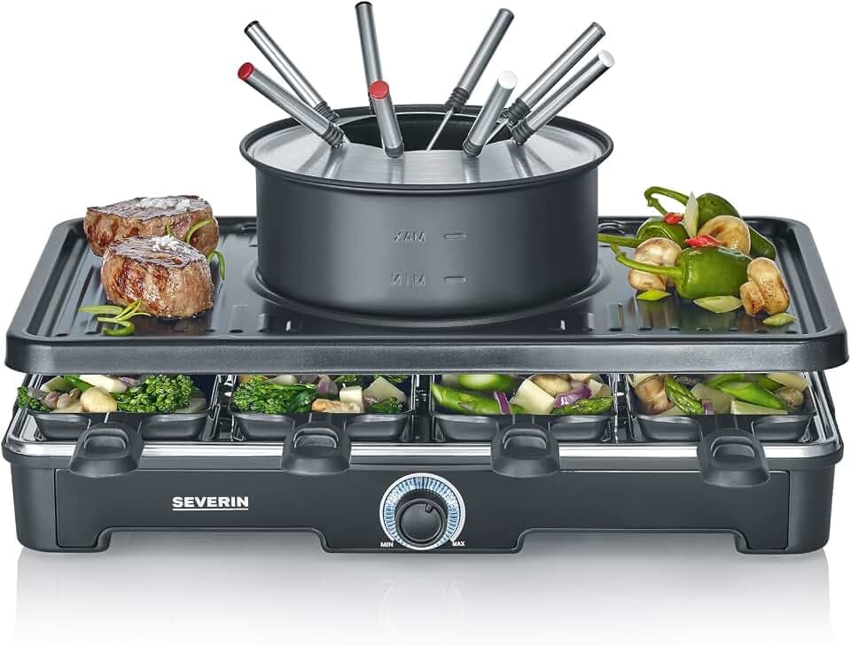 SEVERIN Raclette-Fondue-Kombination für 8 Personen, 2-in-1 Raclette Grill mit Grillplatte & Fondue-Set, Antihaftbeschichtung, inkl. 8 Pfännchen, Schabern & Fondue-Gabeln, spülmaschinengeeignet, RG2347