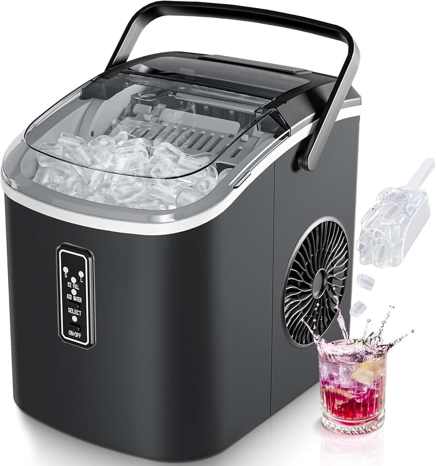 EUHOMY Small Ice Maker Machine, Ready in 6 Minutes, Produces 9 Cubes, 12kg/Day, Self-Cleaning, Portable Ice Maker with Handle, Basket & Scoop, 2 Ice Cube Sizes for Home