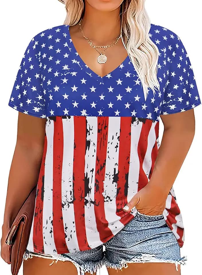 RITERA Plus Size American Flag Tops for Women Patriotic Shirt Oversized Tunic Color Block Summer V Neck Henley Tshirt XL-5XL