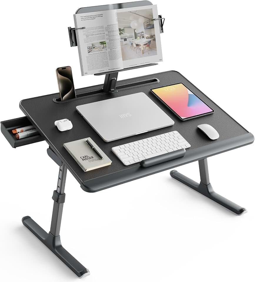 SAIJI Laptop Tisch [Premium XXL Extra Groß] mit Höhenverstellbarem Lesepult, Vielseitig Einsetzbarer Premium Bett Tisch, Faltbarer Laptoptisch fürs Bett mit Schublade (Schwarz)