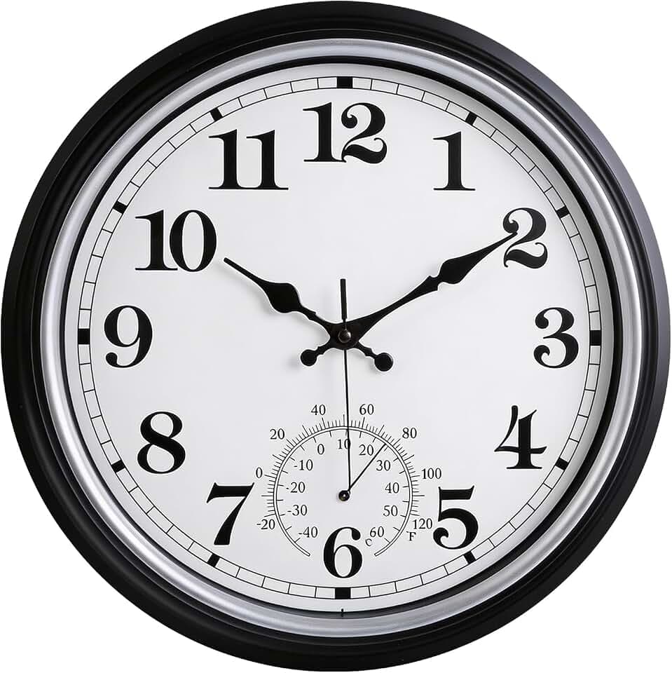 16 Inch Large Outdoor Clock Retro Waterproof Clock Non-Ticking, Black