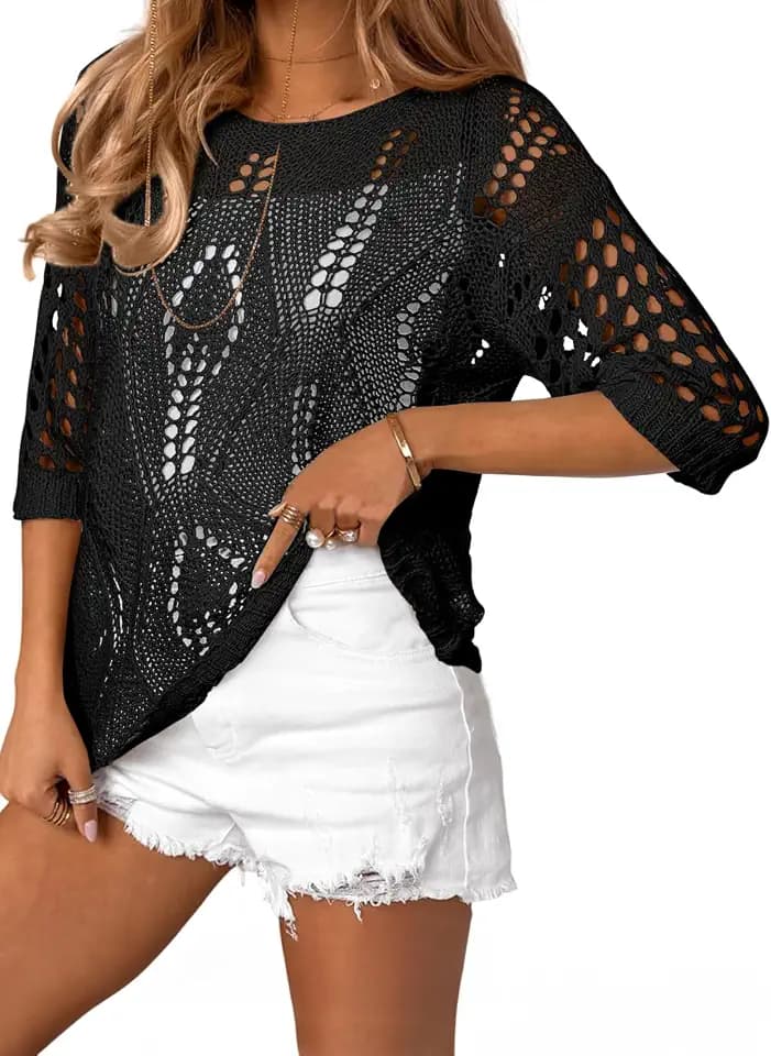 EVALESS Women Crochet Tops Hollow Out 3/4 Sleeve Knit Summer Sweaters