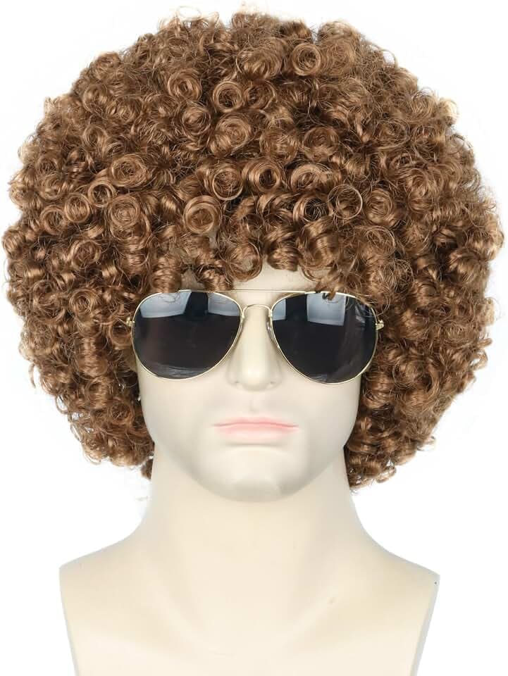 Topcosplay Unisex Afro Perücke 70er Jahre Funky Hippie, Kurz Lockig Herren Hellbraun Lockenkopf für Fasching Kostüm Halloween (B-Hellbraun)
