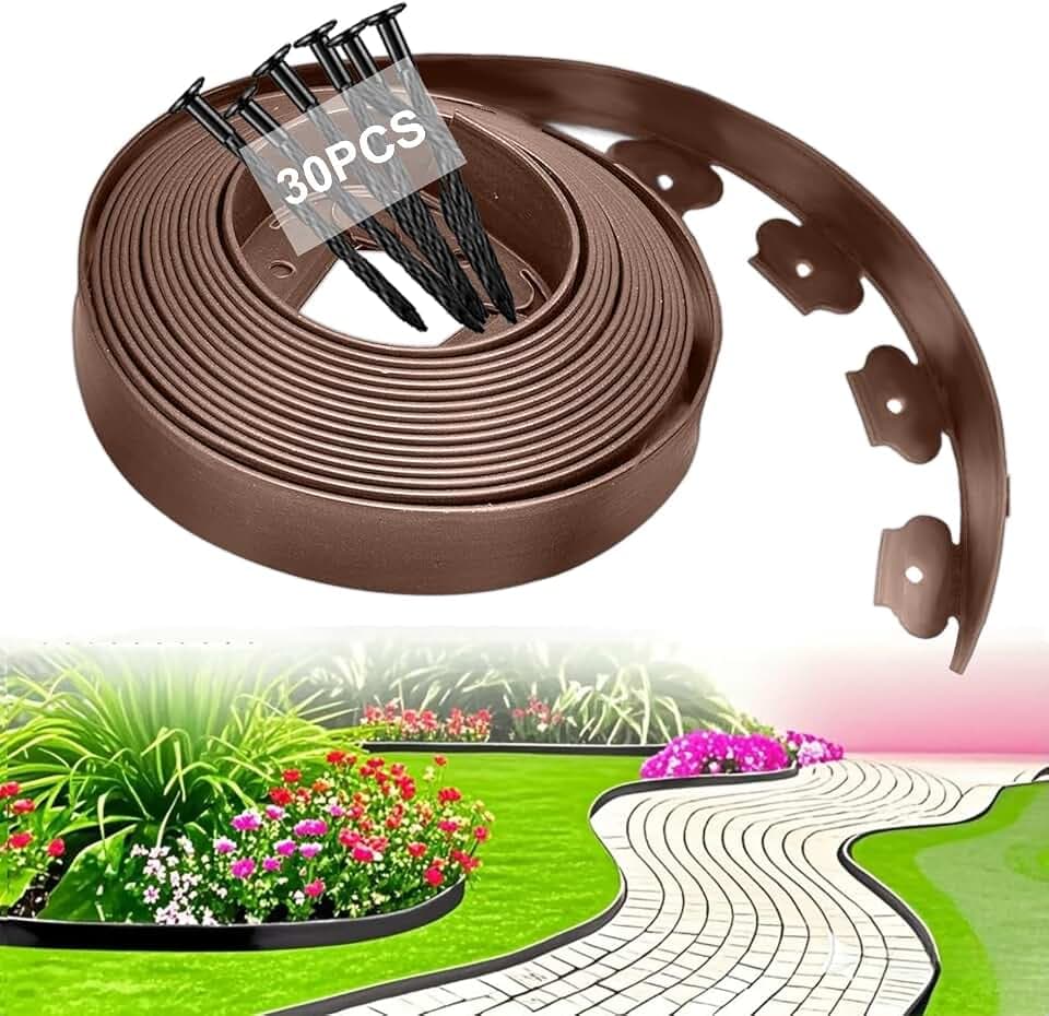 Flexible Rasenkante Kunststoff, Rasenpflaster Pflastersteine Rasengitter Beeteinfassung | Unsichtbare Rasenkantenband für Garten, Terrasse & Beete 10 m Länge × 5 cm Höhe Mit 30 Erdankern, Braun