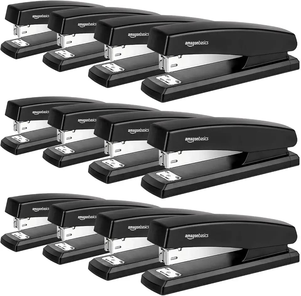 Amazon Basics Office Desk Stapler, 25-Sheet Capacity, Non-Slip with 1000 Staples, Black, 12-Pack