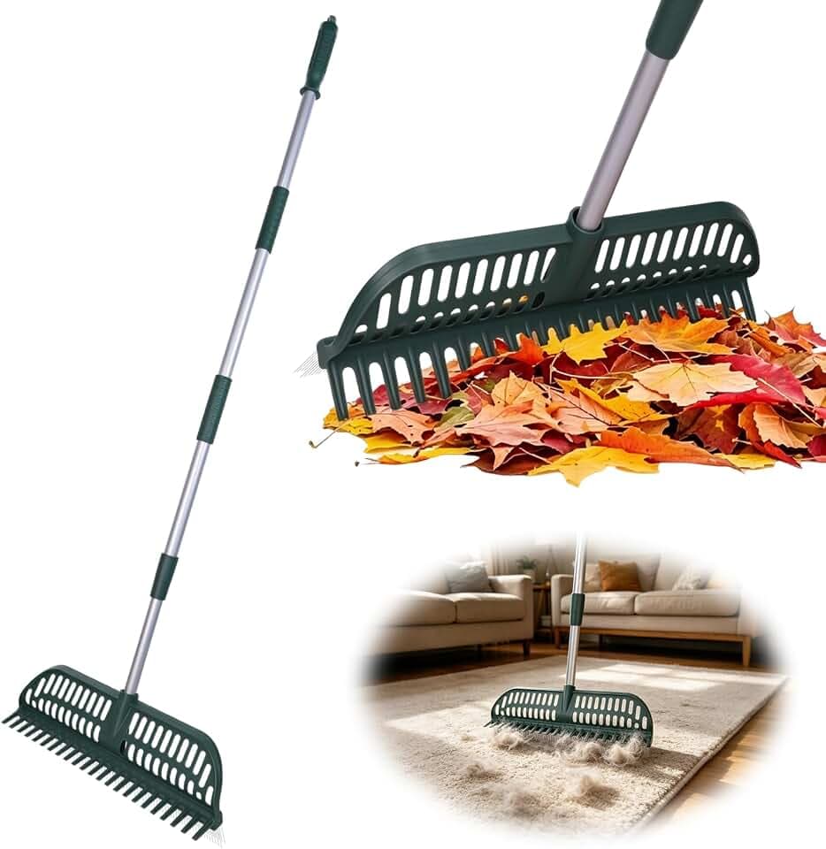 Artificial Turf Rake, 18" Wide Head Double-Sided Turf Rake Brush with 35"-56" Adjustable Steel Handle – Turf Rake for Artificial Grass, Pet Hair, Leaves & Debris – Assembles in Seconds, See Guide