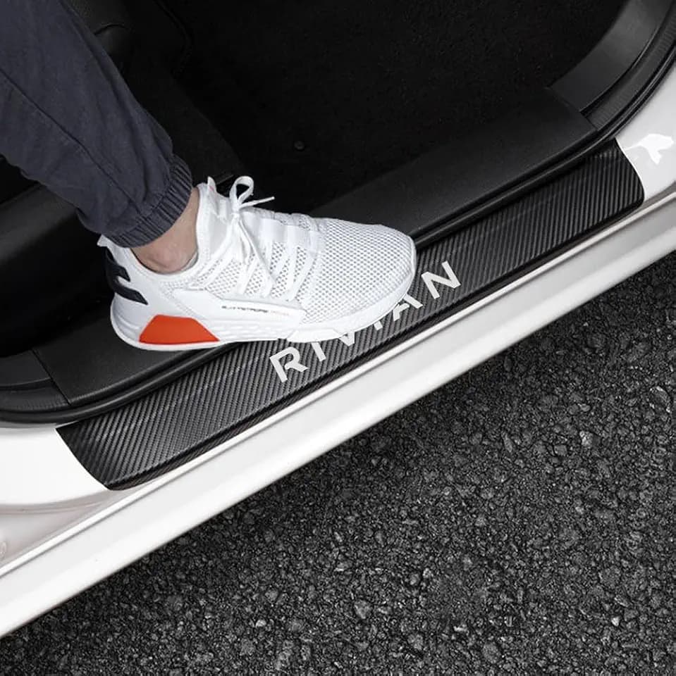 LEXLEY for RIVIAR R1S R1T Carbon Fiber Style Leather Door Sill Protector Anti-Dirty Scuff Plate Cover Guard Sills Protector Trim,Welcome Pedal Protect 4PCS -Sliver
