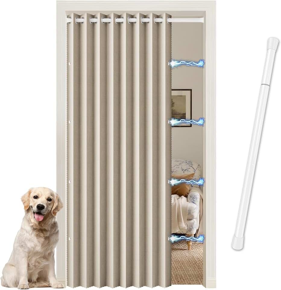Akkordeon Türvorhang mit Stange ohne Bohren, Leinenoptik Magnetisch Türvorhang Lang 195 X 150 breit, Raumtrenner Vorhang für Wohnzimmer, Schlafzimmer, Küche, Badezimmer