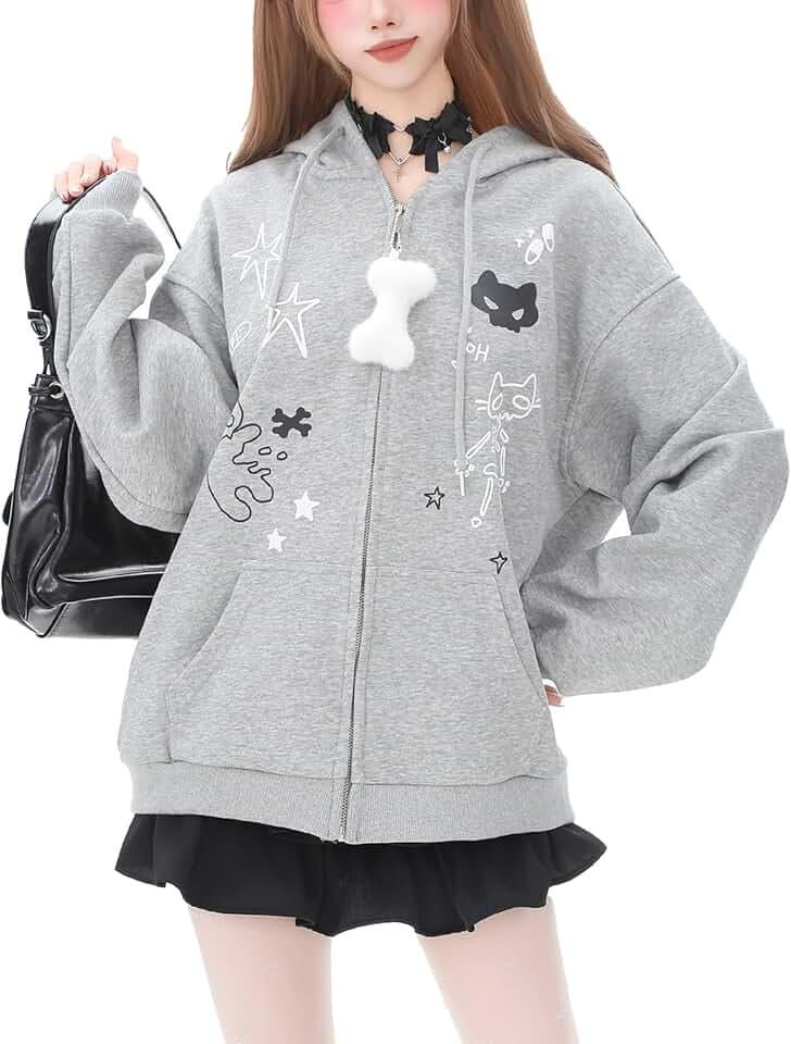 Dynict Womens Y2K Zip Up Cute Graphic Hoodies Cat Ears Casual Cartoon Harajuku Kawaii Clothes Oversize Streetwear Jacket