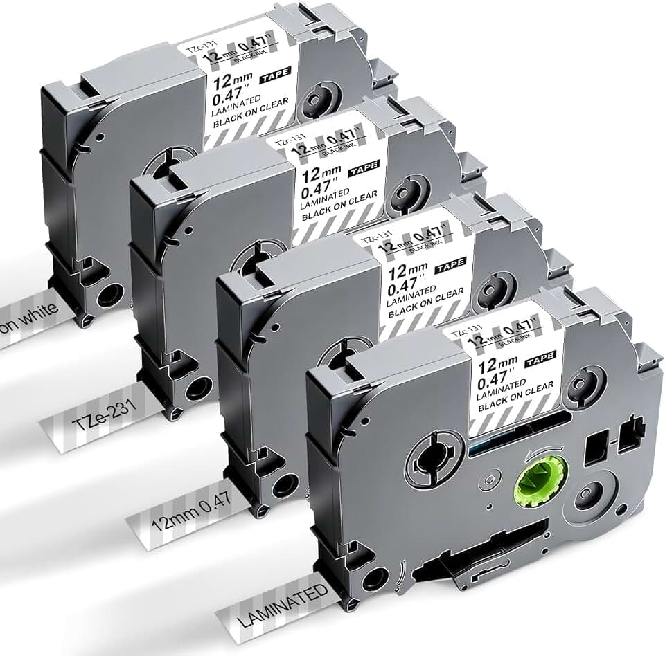 4PK Work for Brother P Touch Black on Clear TZ TZe 1/2" Label Tape