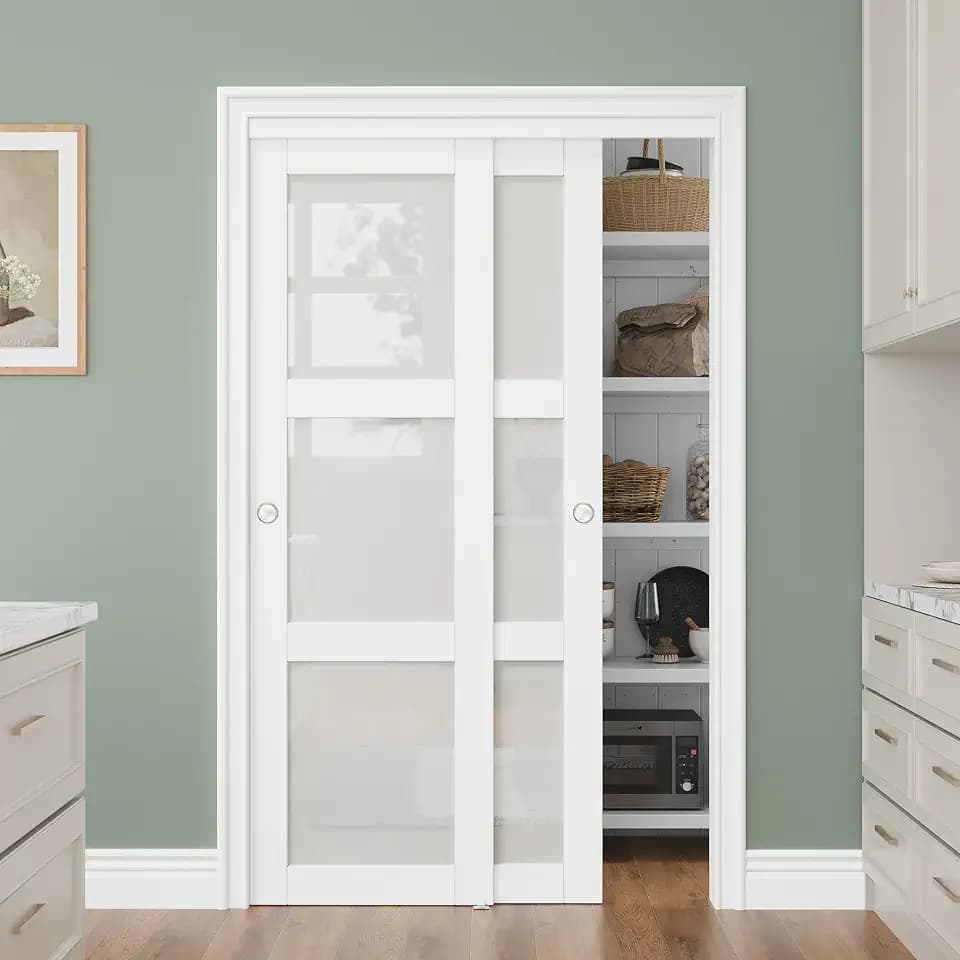 Bypass Glass Sliding Closet Door 48x80, Double Closet Panels with Hardware & Fascia, 3 Lite Frosted Tempered Glass Interior Sliding Door for Bedroom, No Assembly Required Panels