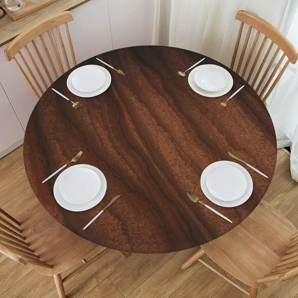 Walnut Wood Grain Round Tablecloth with Elastic Edge Table Cover Waterproof Reusable Table Cloth for Holiday Kitchen Party Patio,M(45"-50")