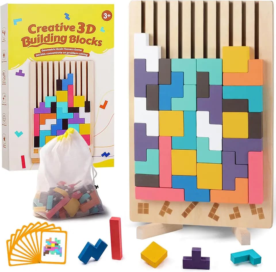 Wooden Colored 3D Russian Block Stacking Puzzle, Montessori Educational Toy Gifts for Toddlers Ages 3+ Fun Brain Teasers Family Board Game and Classroom Activities