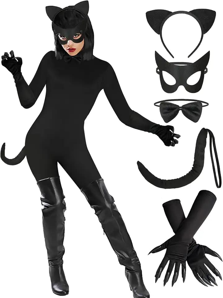 Halloween Black Catsuit Costume for Women Jumpsuit Onepiece with Headband Glove bow tie Tail