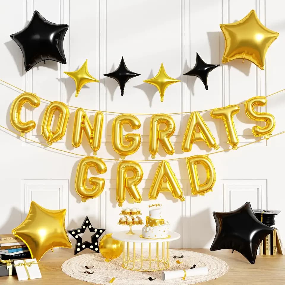 Black Gold Congrats Grad Balloons, 16 Inch Banner for Class of 2026 Party