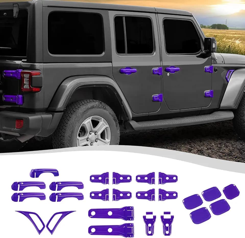 24PCS Full Set Exterior Trim Kit Fit for 2018-2026 Jeep Wrangler JL JLU 2/4 Doors, Door Hood Hinge Covers Door Handle Side Vent Tailgate Hinge Cover,Not Fit for 2026 JL JLU Willys(Purple)