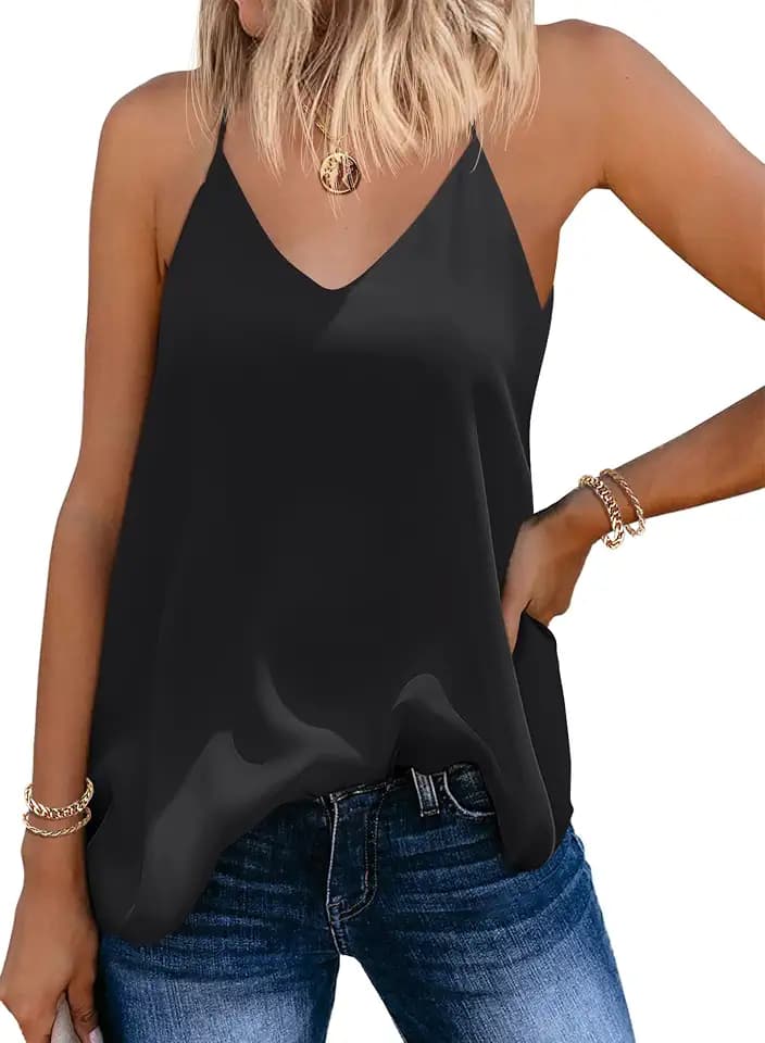 SUNAELIA Chiffon Cami V Neck Tank Tops for Women Loose Fit Flowy Spaghetti Strap Camisole Summer Casual Sleeveless Shirts