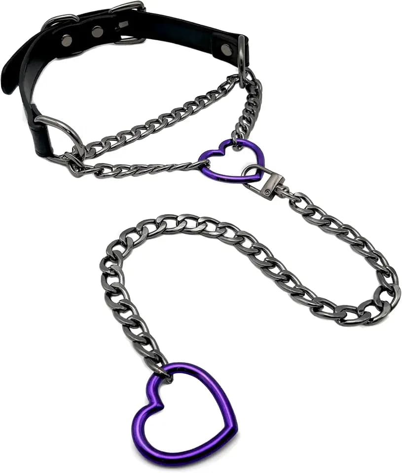 Heart O-Ring Slip Chain Choker Collar Necklace for Women, Adjustable Vegan Leather Punk Necklace with Swivel Clasp & Heart Charm