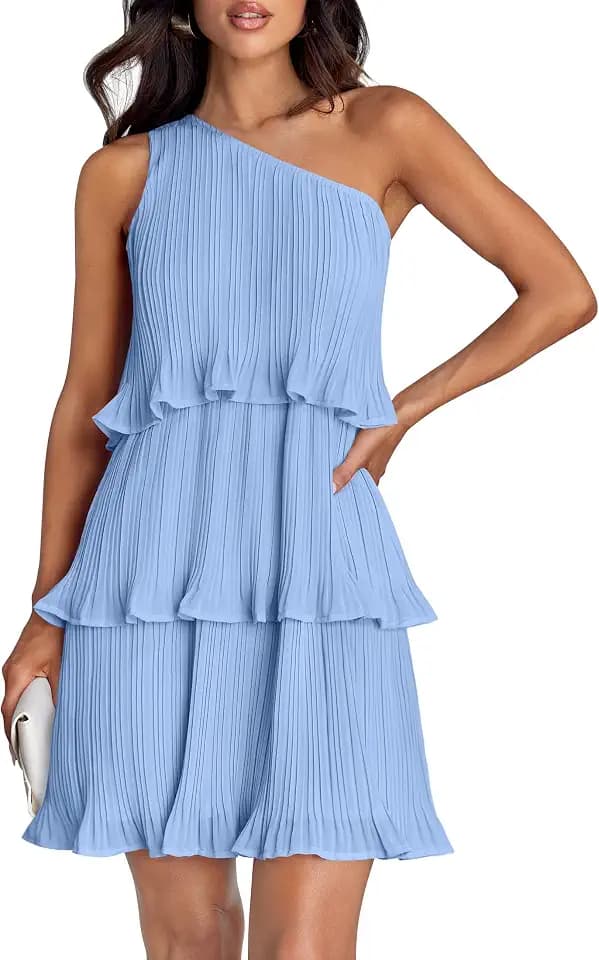 ZESICA Damen-Minikleid, Sommer, ärmellos, Boho, One-Shoulder-Design, Rüschen, gestuft, geschichtet, Chiffon, fließende A-Linie Kleider