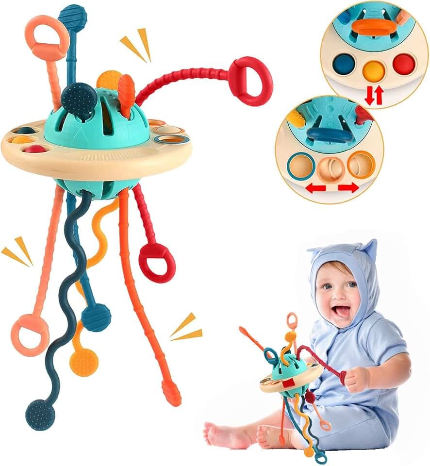 Baby Montessori Spielzeug 12–18 Monate, Sensorisches Spielzeug Silikon Zugschnur Aktivitätsspielzeug für Kleinkinder, Reisespielzeug, Feinmotorik Babyspielzeug, Lernspielzeug für 1 Jahr