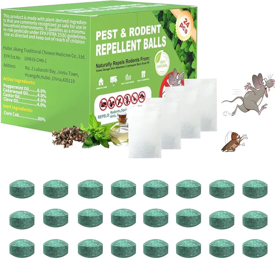 Mouse Deterrent Balls for Indoor Outdoor Areas, 24 Pack Peppermint Oil Scent Pouches for Garage Basement Kitchen RV Storage Spaces, Safe for Pets & Family