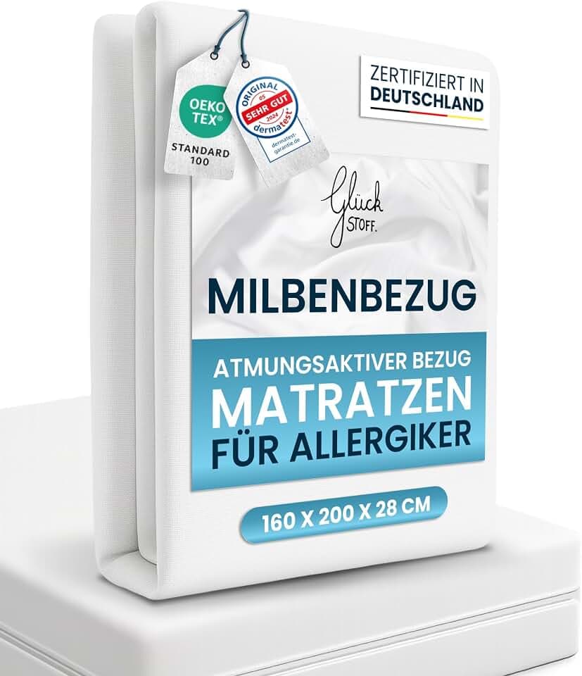Glückstoff® Premium Milbenbezug Matratze 160x200x28 [ZERTIFIZIERT IN DEUTSCHLAND] Allergiker Bettwäsche Set Anti Milbe - Allergiker Matratzenbezug - Encasing Bettwäsche Anti Milben - Milbenschutzbezug