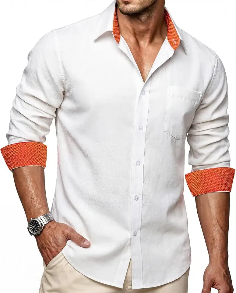 Herren Leinenhemden Langarm Regular Fit Business Casual Baumwolle Kleid Hemd Button Down Kontrastkragen