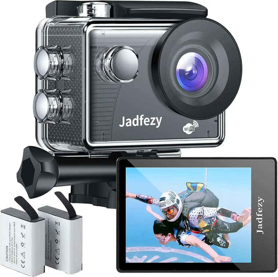 WiFi Action Cam HD 1080P, 12MP Action Kamera Weitwinkel 2 "LCD-Bildschirm, Unterwasserkamera wasserdicht bis 30m/98FT mit 2×1050 mAh Batterien und Zubehör Kit für Helm und Fahrrad usw.