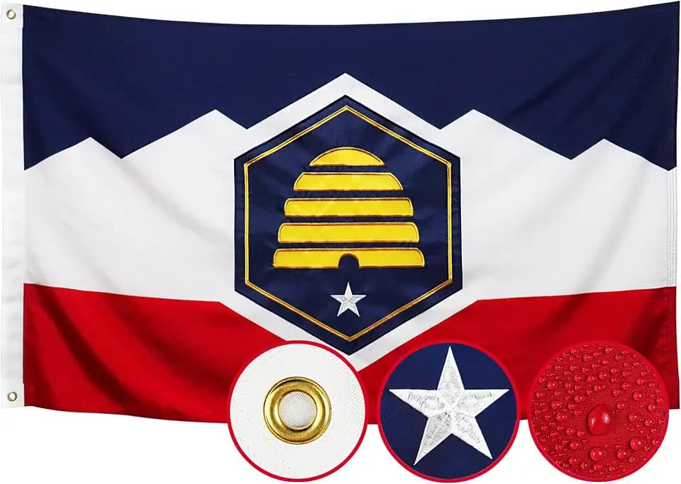 Double Sided New Utah State Flag 3x5 Outdoor The Longest Lasting New UT Flags Heavy Duty 210D Nylon, Sewn Stripes, Embroidered Star, Stronger Brass Grommets,4 Stitched Hemming, Perfect for