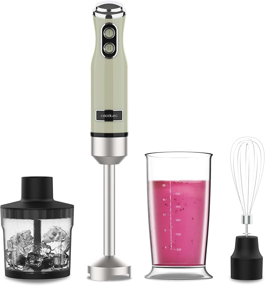 Cecotec Stabmixer Power RetroGreen 1200MAX Cream&Crush, Maximalleistung 1200 W, CrossBlades-Technologie, 2 Geschwindigkeiten, Zubehörset spülmaschinenfest, Spritzschutzhaube