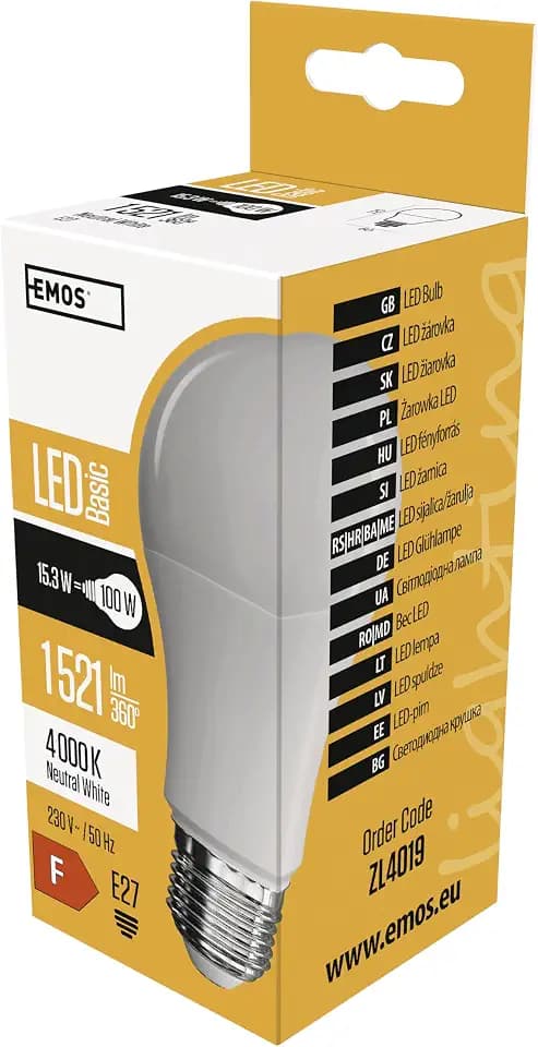 EMOS - LED-Lampe BASIC A60 - E27 Sockel - neutralweiß - 1521 lm - 15,3W (Ersatz für 100W Glühbirne) - Lebensdauer 20 000 Stunden - Abstrahlwinkel 180° - CRI min. 80