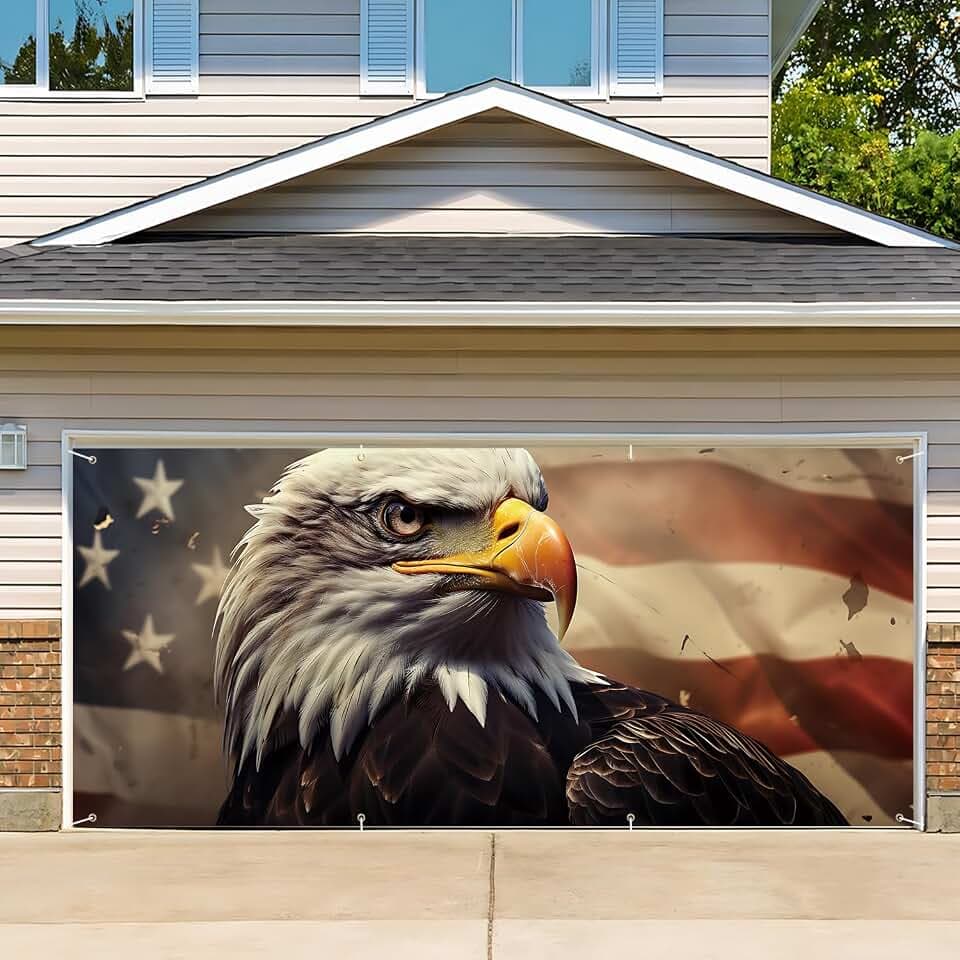 13x6 ft American Bald Eagle Flag Garage Door Banner - Patriotic Eagle with Stars and Stripes Backdrop, Hanging Garage Decor - for 4th of July Independence Day Decor, USA Pride Outdoor Wall Art