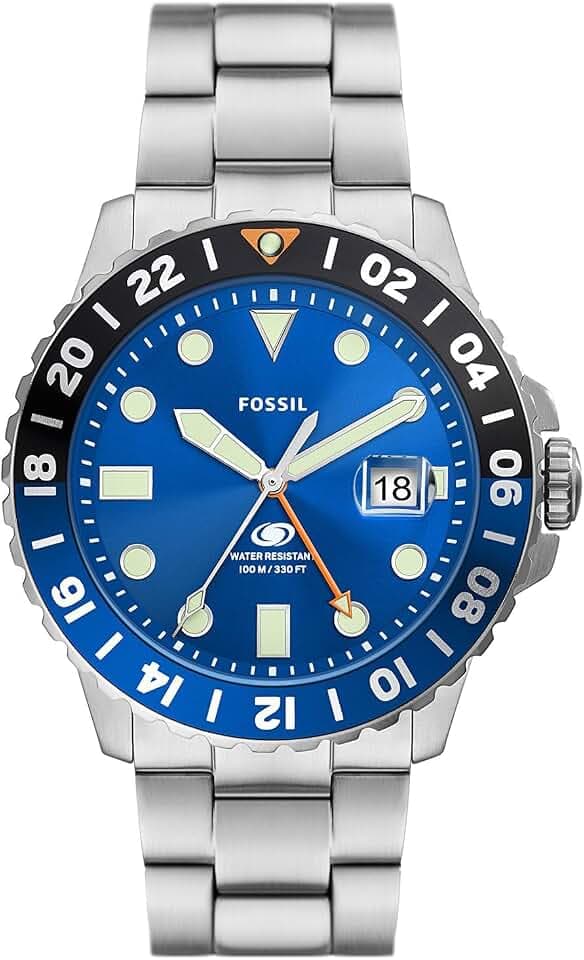 Fossil Blaue GMT Herrenuhr, Dreizeiger-Datumswerk mit Edelstahl- oder Silikonarmband