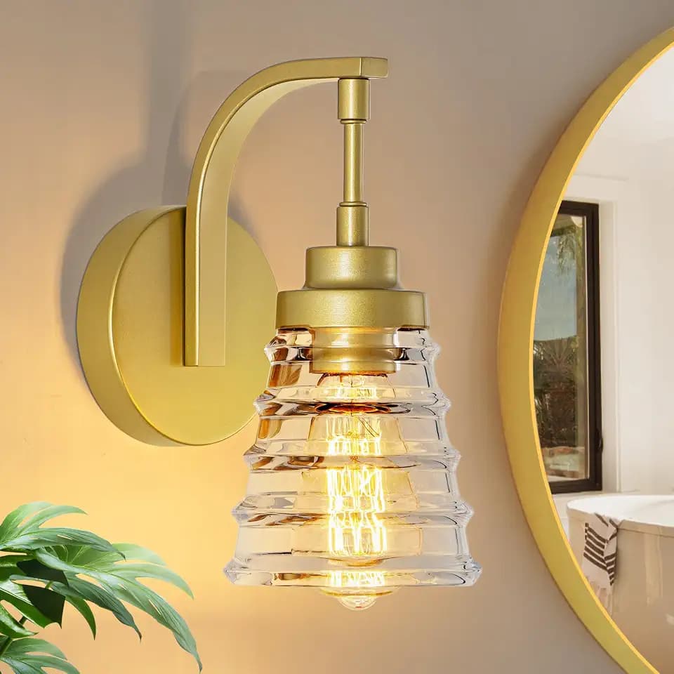 Gold Bathroom Wall Sconce, Brass Wall Light Fixture with Glass Shade