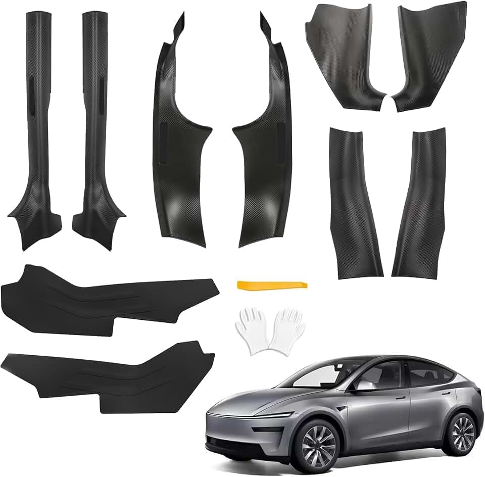 8Pcs Door Sill Protector and 2Pcs Center Console Anti-Kick Pads for Tesla Model Y Juniper 2025 2026 Front and Rear Door Pedal Kick Protection Carbon Fiber Friction Resistant Interior Accessories