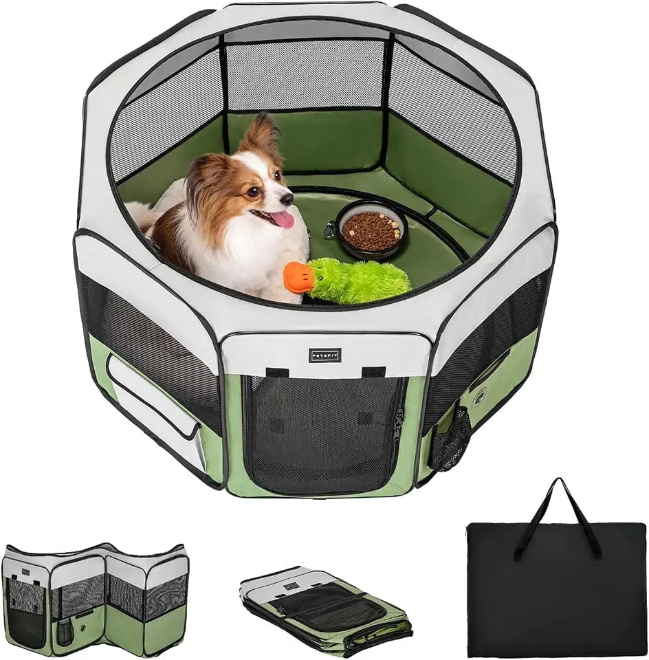 PETSFIT Faltbarer Welpenauslauf, Laufstall für Hunde & Kleintiere, Indoors Tierlaufstall mit wasserdichtem Boden, tragbares Freigehege für Welpen, Katzen – kurzzeitige Nutzung, 92x84x53cm (Grau/Grün)