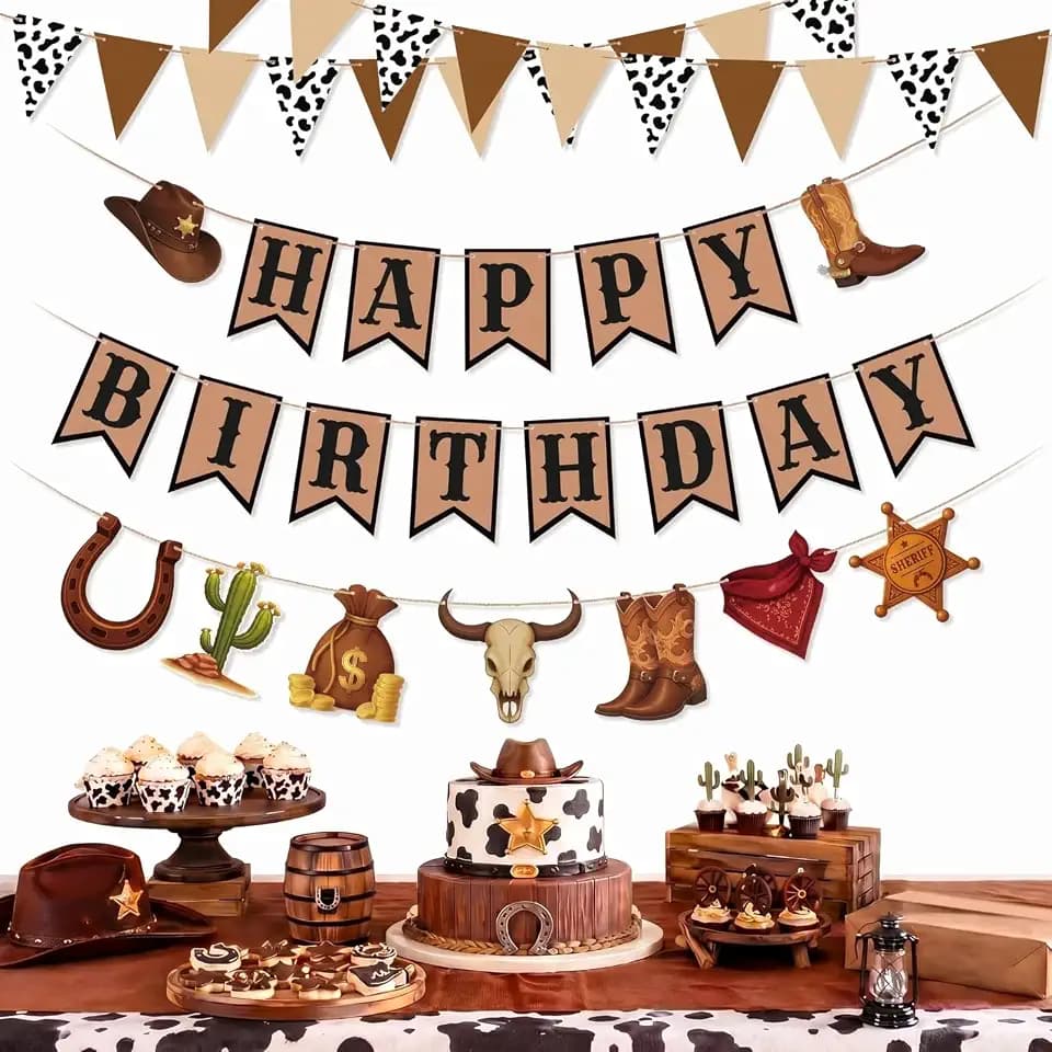 Pasimy 4 Pcs Western Birthday Decorations Cowboy Happy Birthday Banner